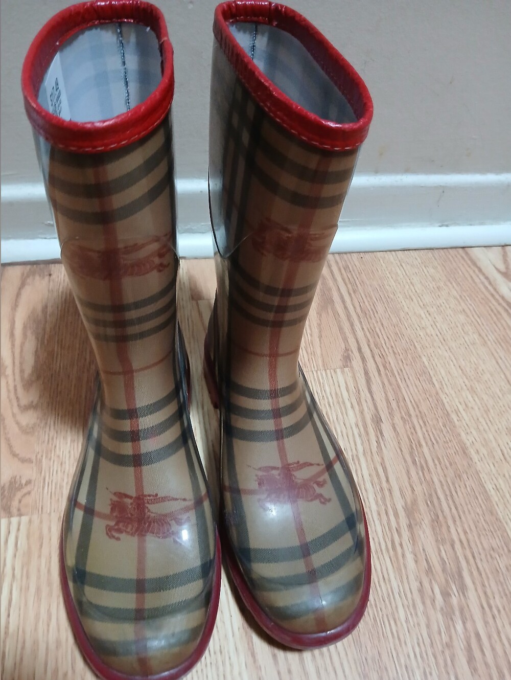 Vintage Burberry Haymarket Check Plaid Rain Boots W/Red Trim Y2K